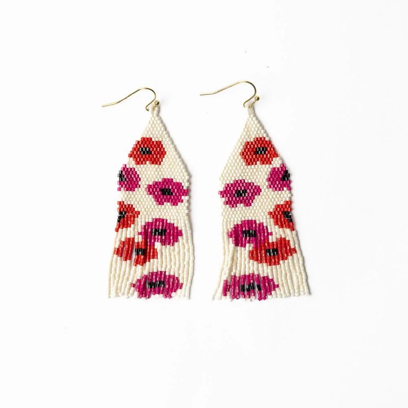 Delilah Poppies Beaded Fringe Earrings Red/Hot Pink