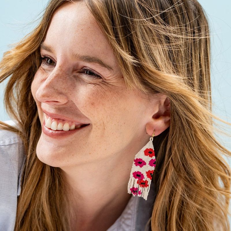 Delilah Poppies Beaded Fringe Earrings Red/Hot Pink