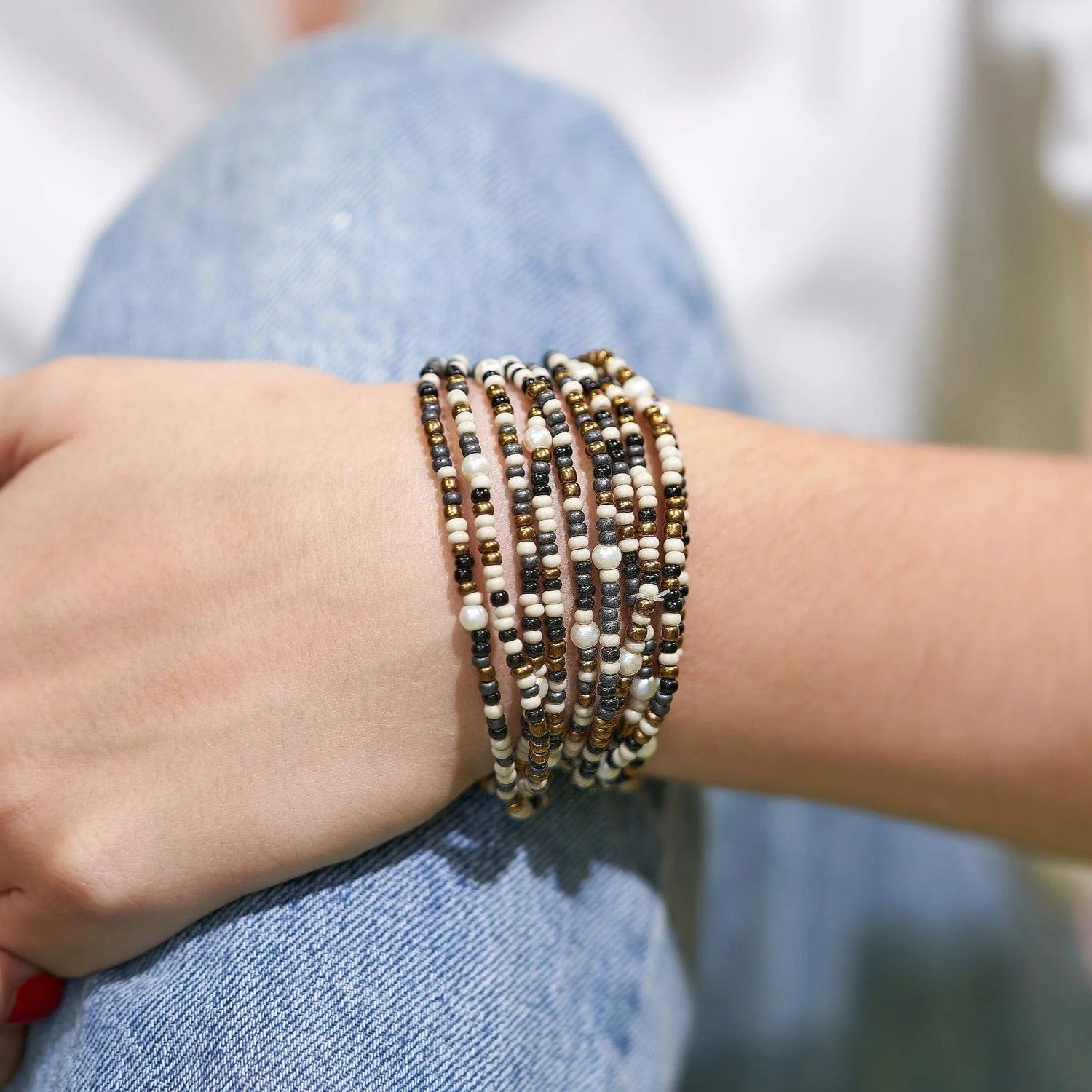 Sage Confetti Beaded 10 Strand Stretch Bracelets Black