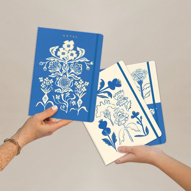 Blue Flower Bouquet Sewn Trio Notebook Set