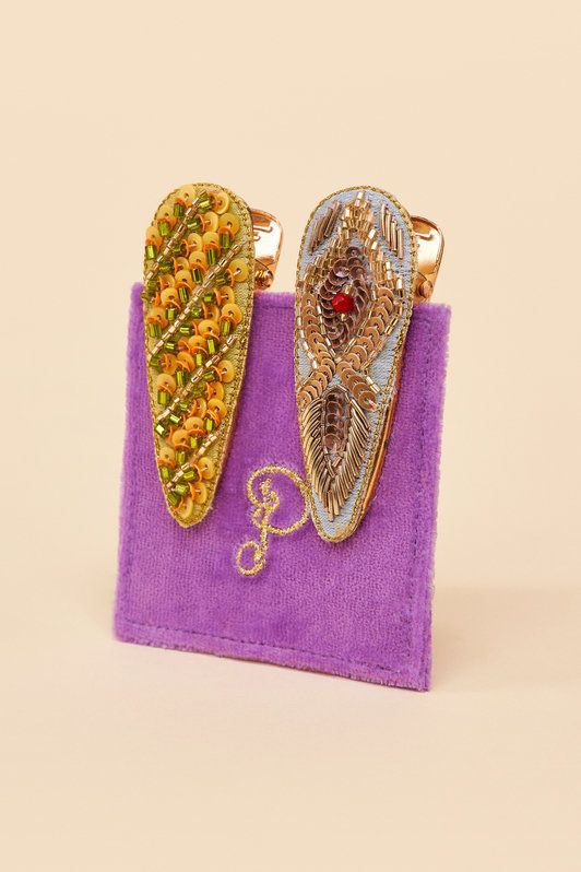 Jewelled Hair Clips (Set of 2) Feather and Stripe