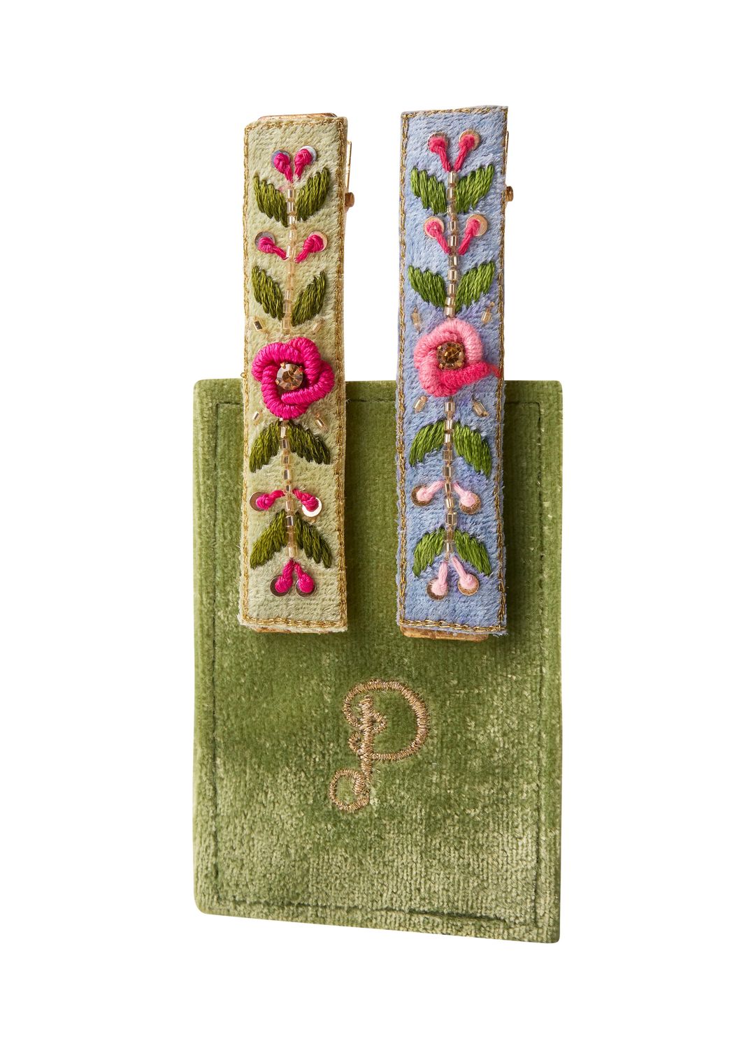 Embroidered Hair Bar Clips (Set of 2) Mint/Cornflower Floral Vines