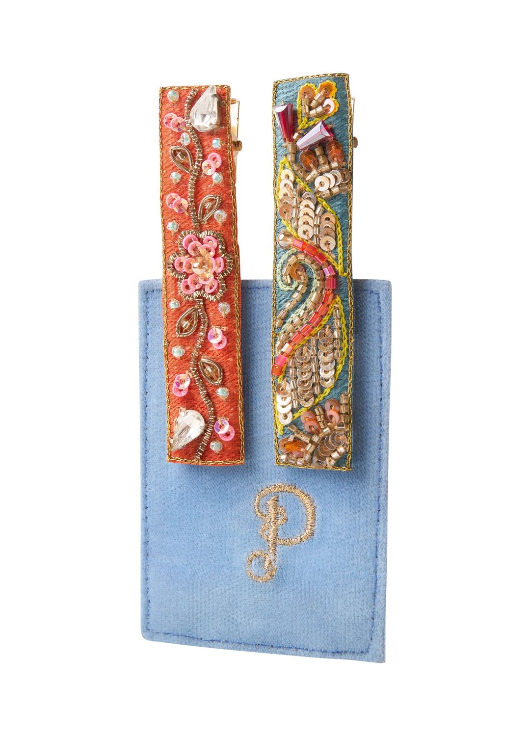 Jewelled Hair Bar Clips (Set of 2) Teal/Tangerine  Floral Vines