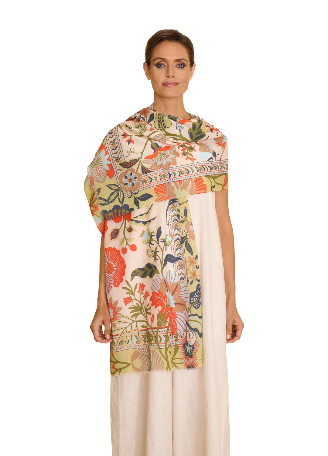 Printed Cotton Scarf Folky Floral Coconut