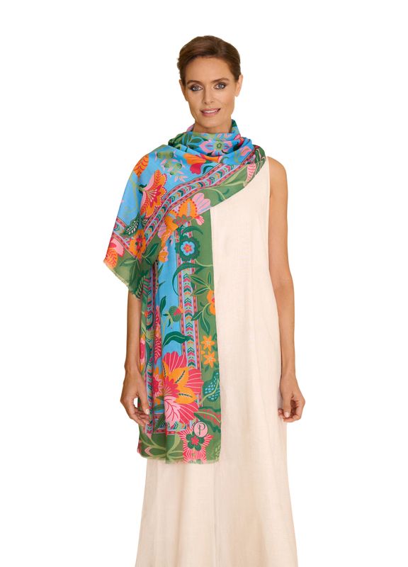 Printed Cotton Scarf Folky Floral Cornflower