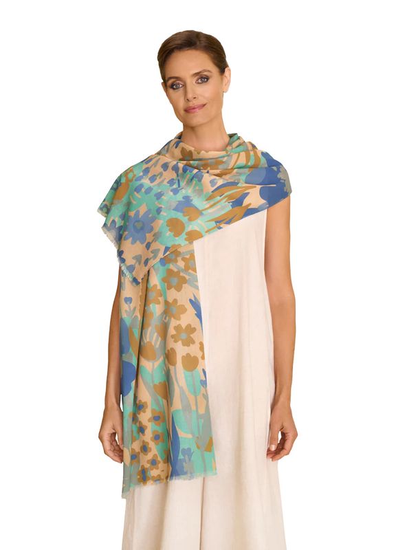 Printed Cotton Scarf Springtime Floral Denim