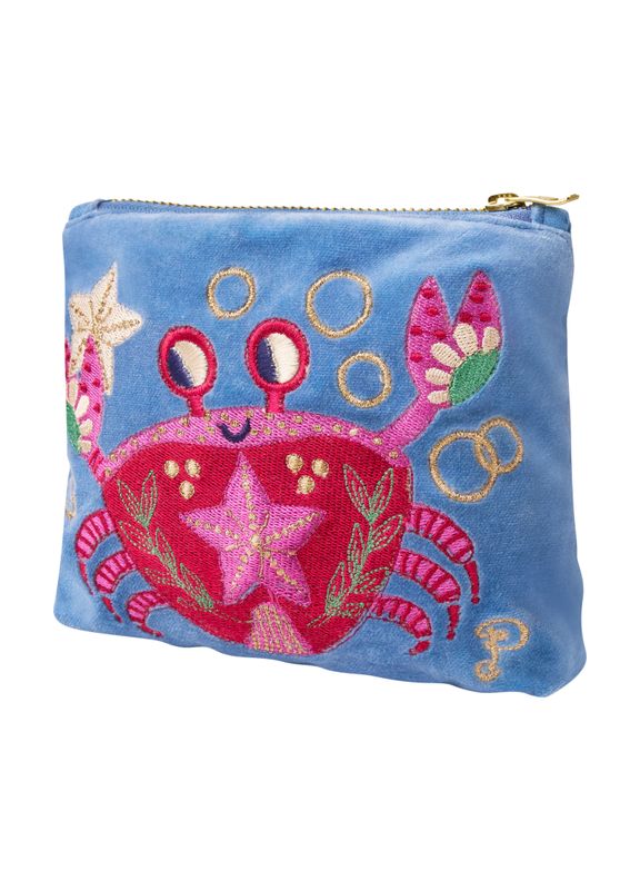 Velvet Mini Zip Pouch Seafaring Crab Cornflower