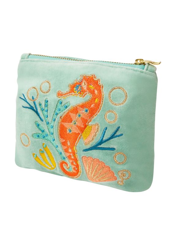 Velvet Mini Zip Pouch Sparkling Seahorse Aqua
