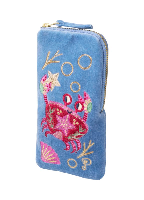 Velvet Sunglasses Pouch Seafaring Crab Cornflower