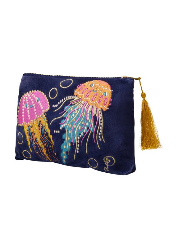 Velvet Embroidered Zip Pouch Jolly Jellies Navy