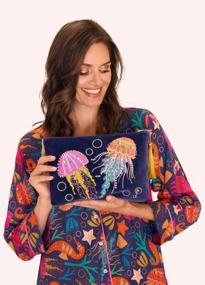 Velvet Embroidered Zip Pouch Jolly Jellies Navy
