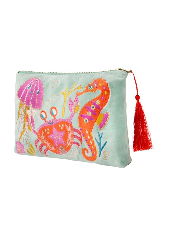 Velvet Embroidered Zip Pouch Seashore Friends Aqua