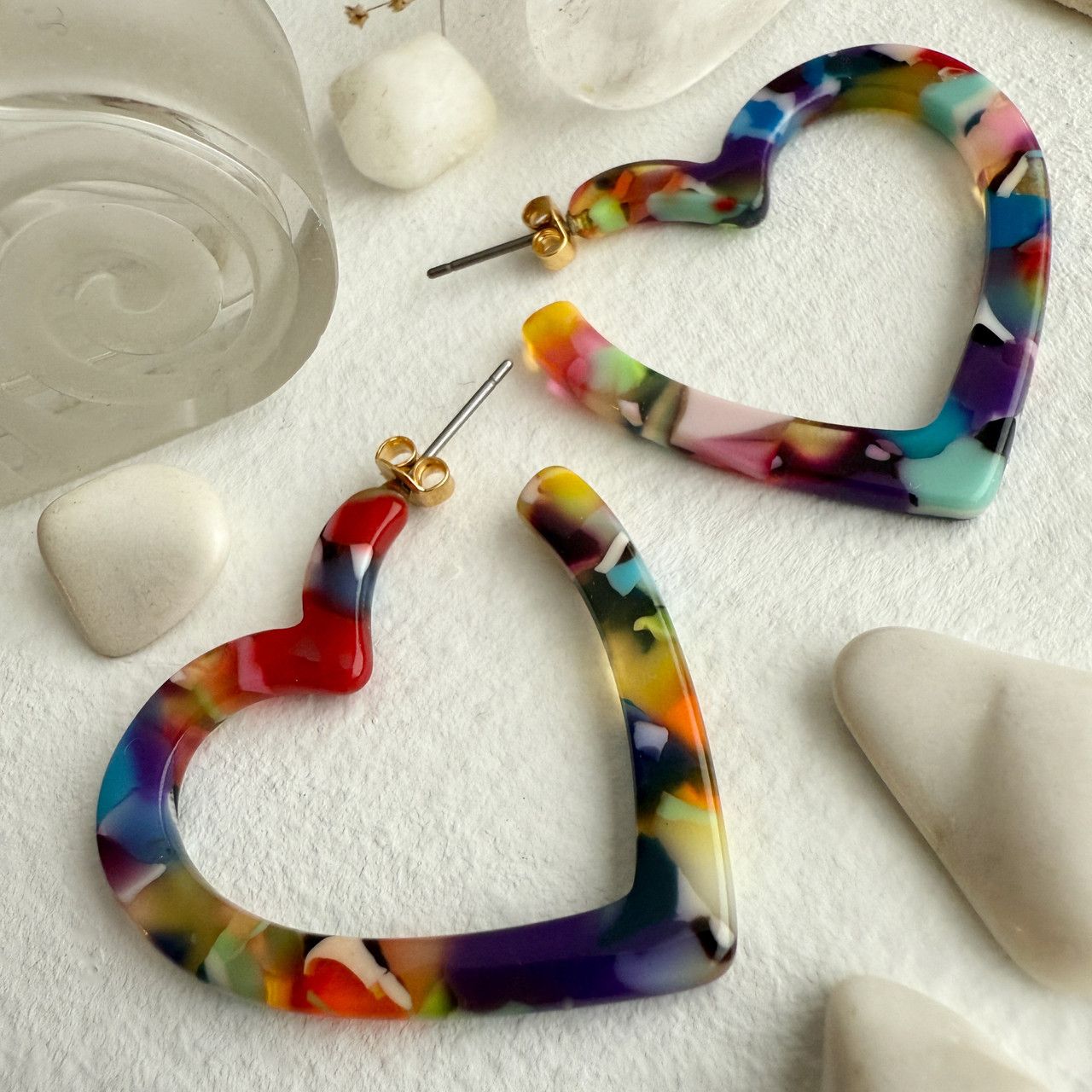 &quot;Wilson&quot; Acetate Heart Hoop Earrings in Multi-Colour