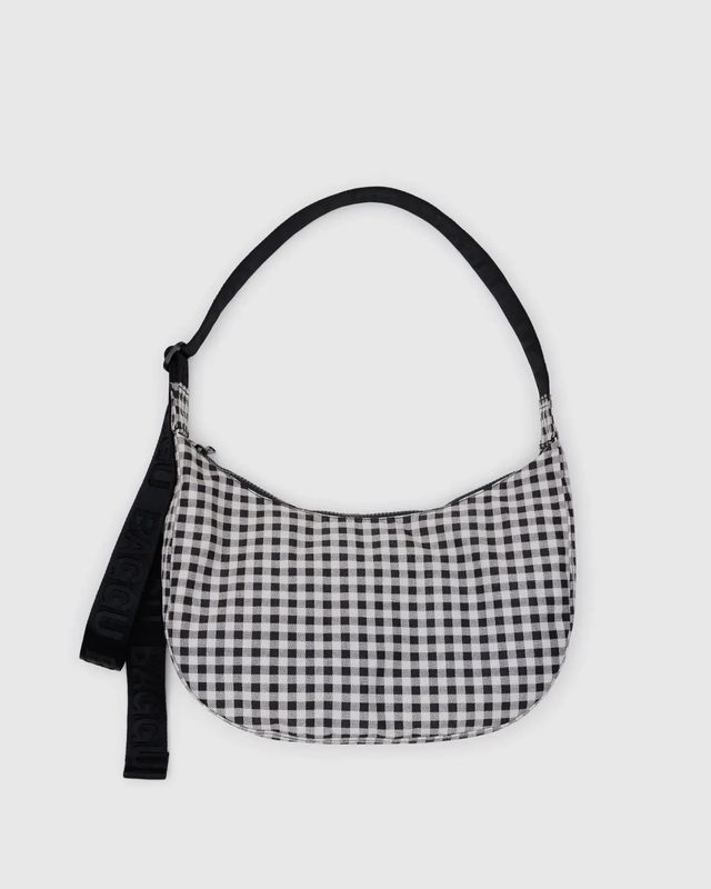 Medium Nylon Crescent Bag Black &amp; White Gingham
