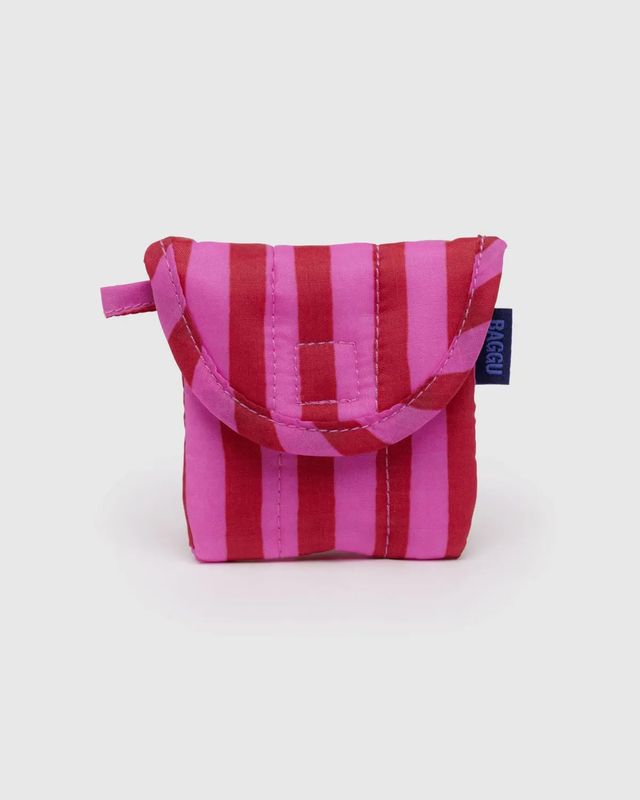 Puffy Earbuds Case Pink &amp; Red Painted Stripe