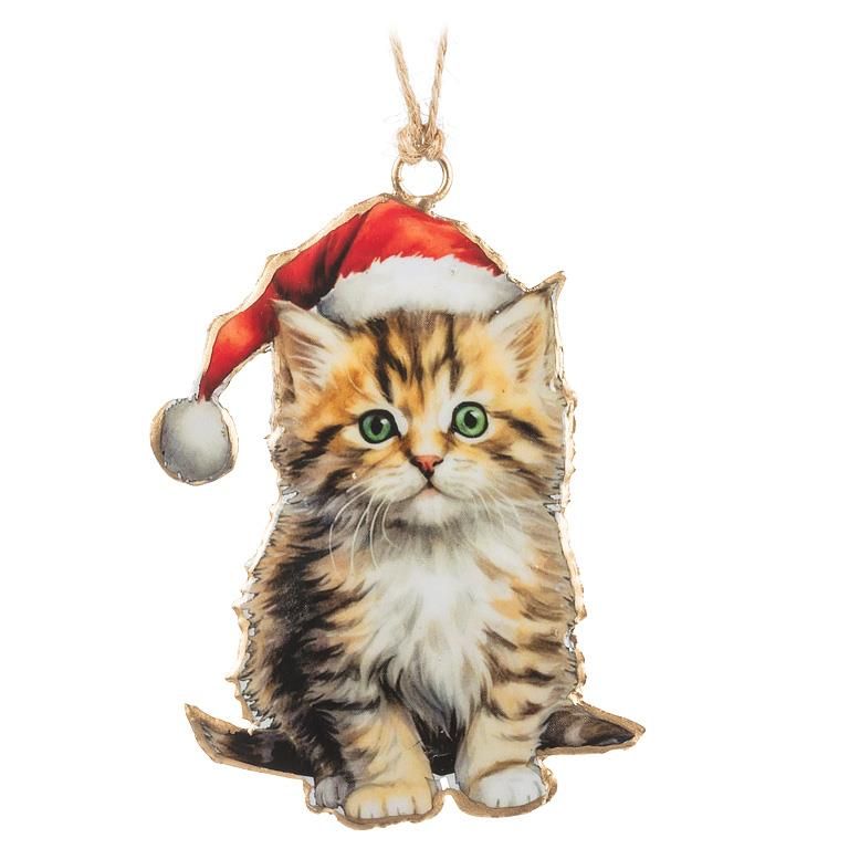 Metal Ornament Kitten with Santa Hat