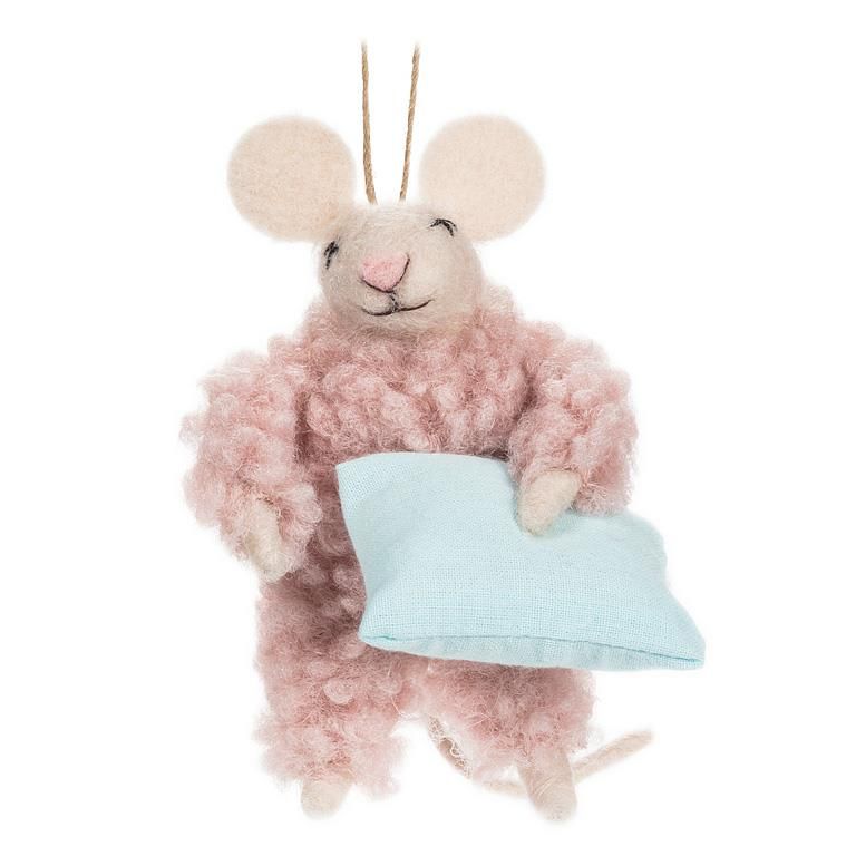 Felt Ornament Mouse in Fuzzy PJ&#39;s &amp; Pillow