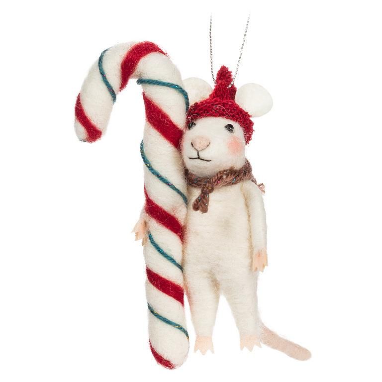 Felt Ornament Holiday Mouse with Hat &amp; Candy Cane