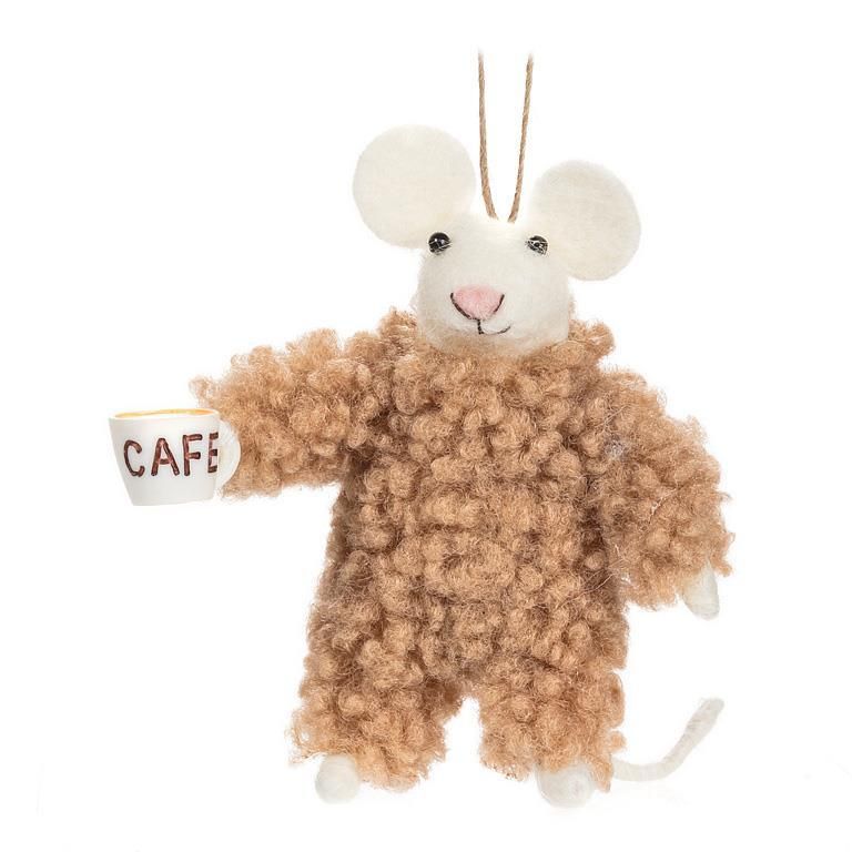 Felt Ornament Mouse in Fuzzy PJ&#39;s with Mug