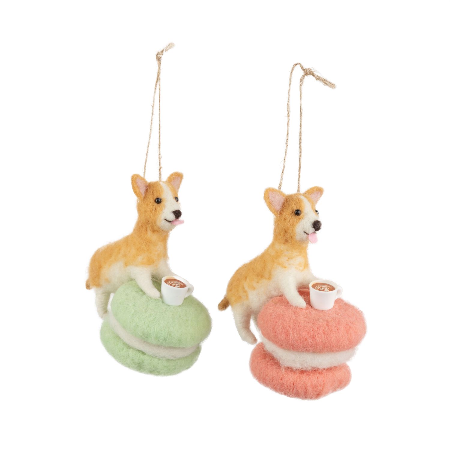 Felt Ornament Assorted Dogs with Coffee Cup on Macaron Pink or Pale Green