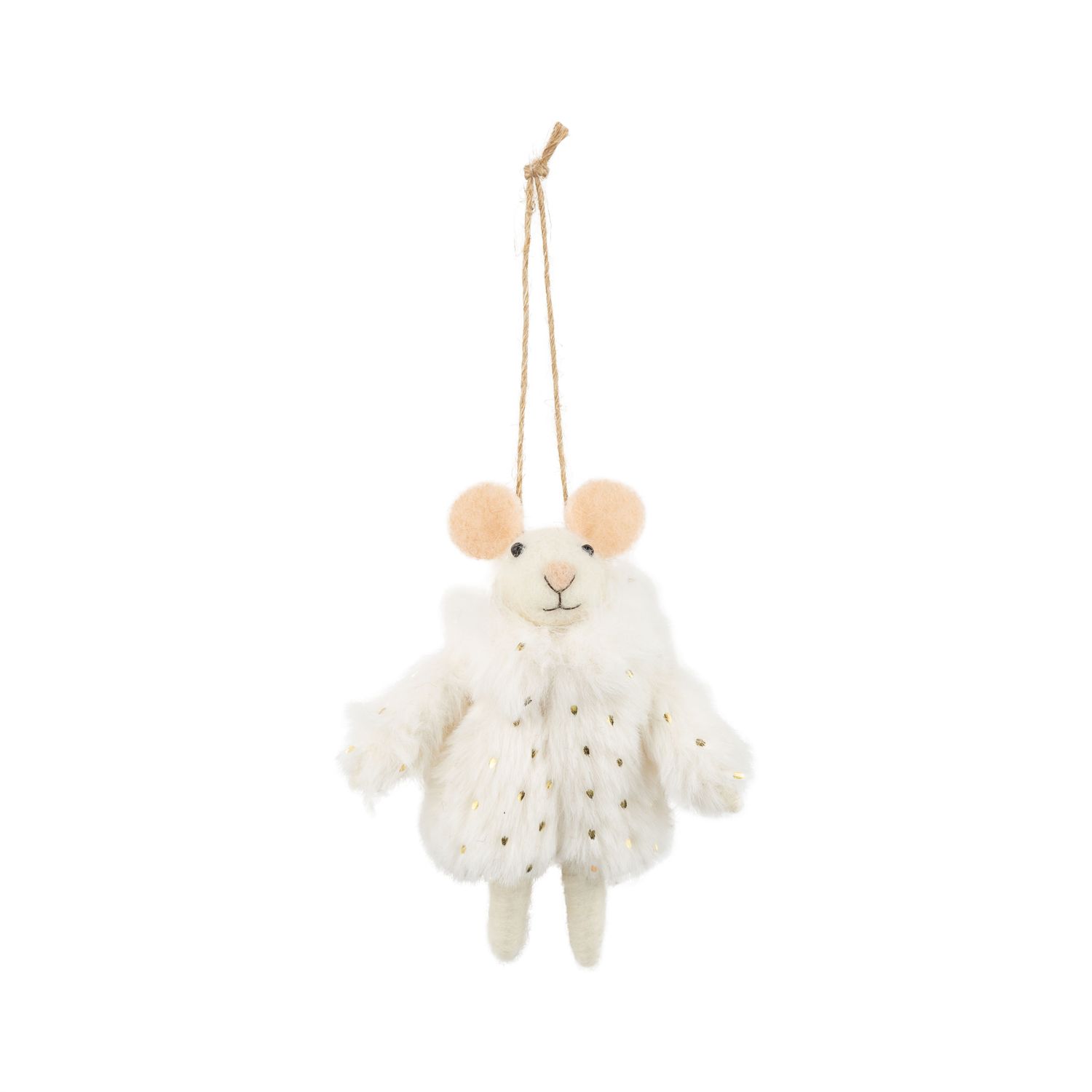 Felt Ornament Mouse in White Plush Coat with Gold Trim