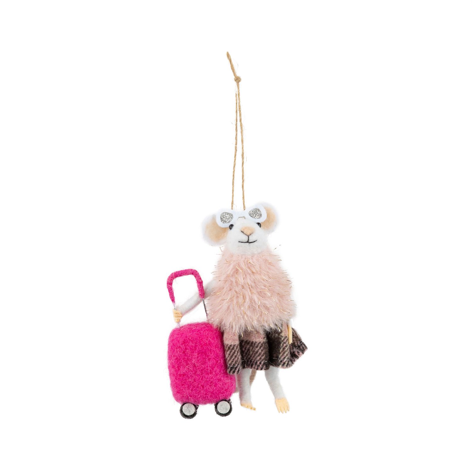 Felt Ornament Mouse with Sunglasses in Fur Coat and Pink Suitcase
