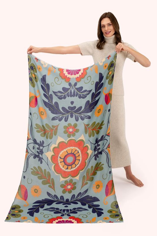 Printed Scarf Folk Floral Winter Ice