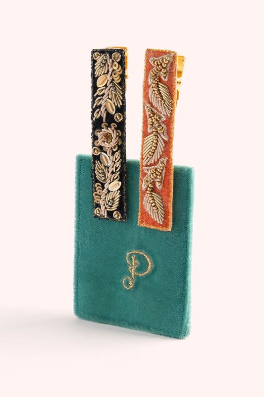 Jewelled Hair Bar Clips Set of 2 Navy &amp; Tangerine Leaves