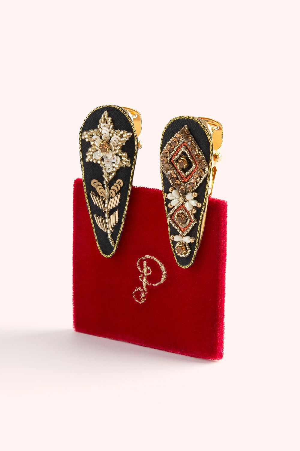 Jewelled Hair Clips Set of 2 Midnight Floral &amp; Deco Red