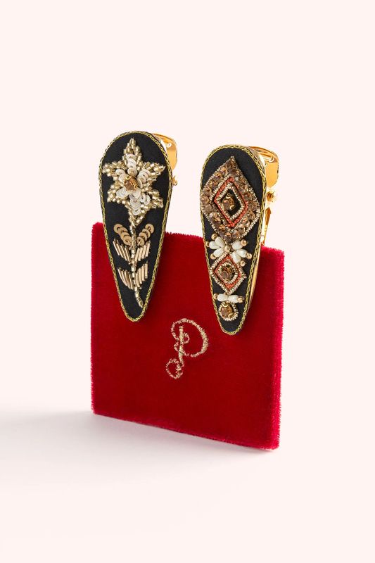 Jewelled Hair Clips Set of 2 Midnight Floral &amp; Deco Red