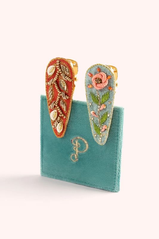 Jewelled Hair Clips Set of 2 Ice Flowers &amp; Tangerine Leaves