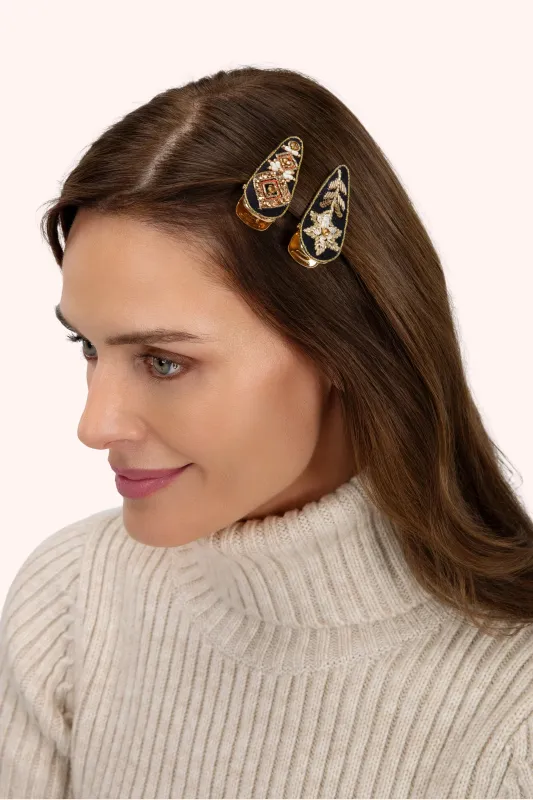 Jewelled Hair Clips Set of 2 Midnight Floral &amp; Deco Red
