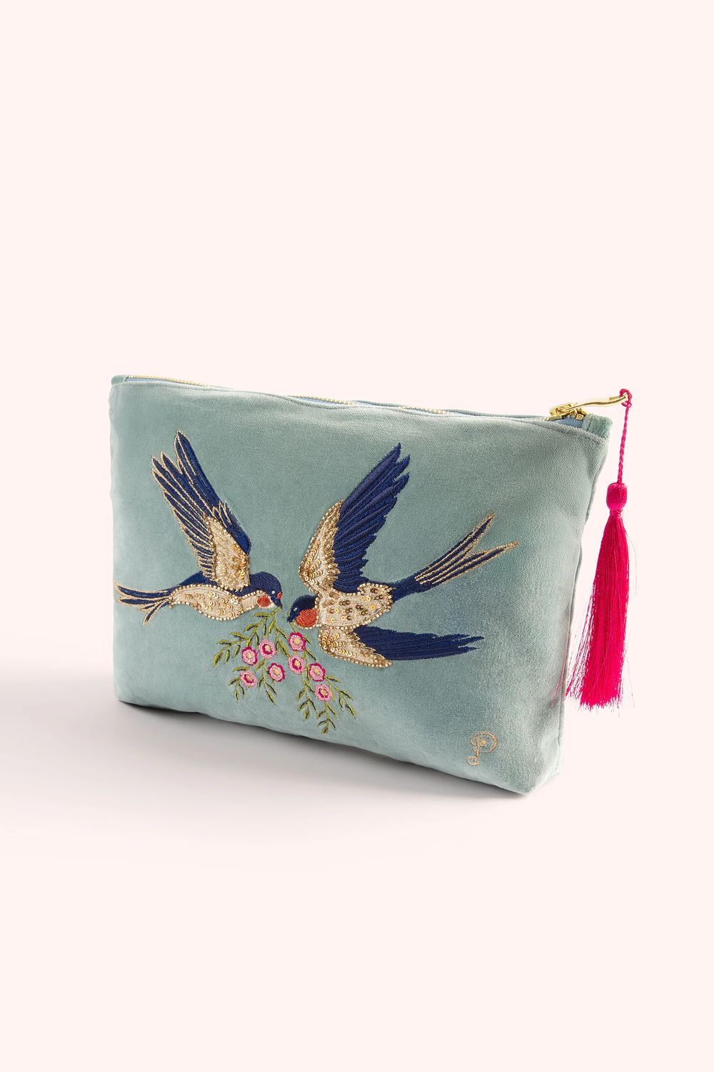 Velvet Embroidered Zip Pouch Swooping Swallows