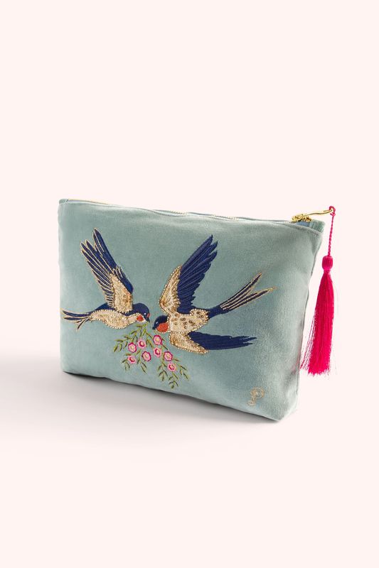 Velvet Embroidered Zip Pouch Swooping Swallows