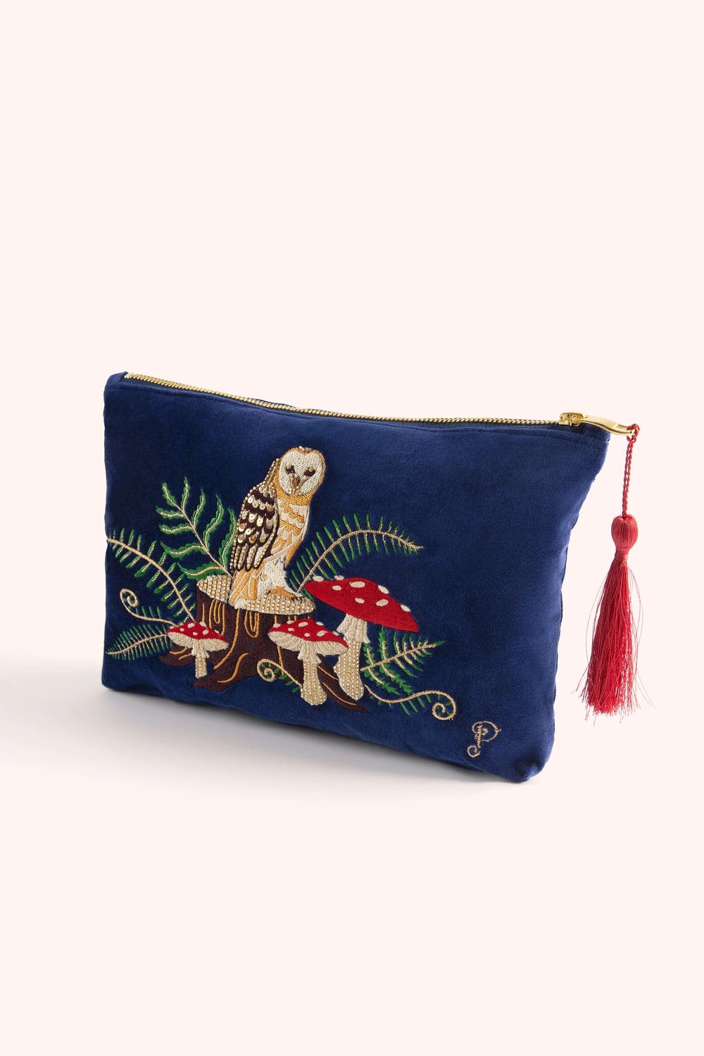 Velvet Embroidered Zip Pouch Woodland Owl