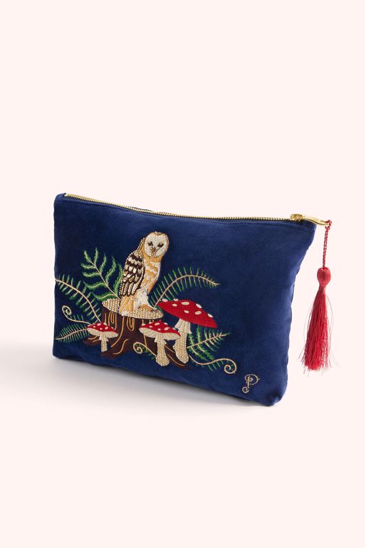 Velvet Embroidered Zip Pouch Woodland Owl