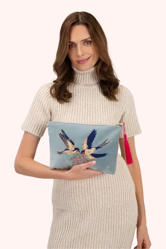 Velvet Embroidered Zip Pouch Swooping Swallows