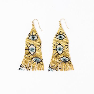 Delilah Evil Eye Beaded Fringe Earrings Gold