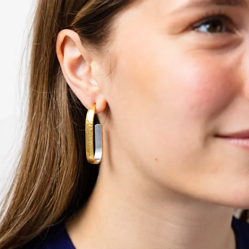 Hallie Brass Hammered Hoop Earrings With Silver Lining