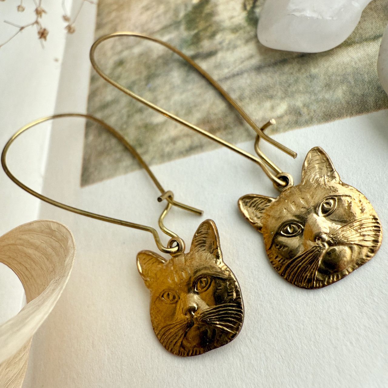 &quot;Miser&quot; Raw Brass Cat Face Drop Earrings