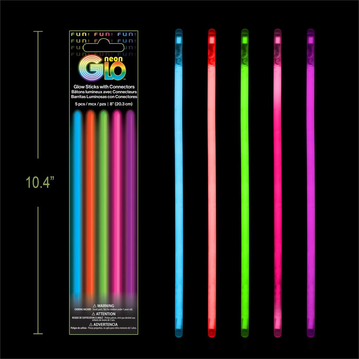 Neon Glo 5 pack 8&quot; Glow Sticks with Connectors