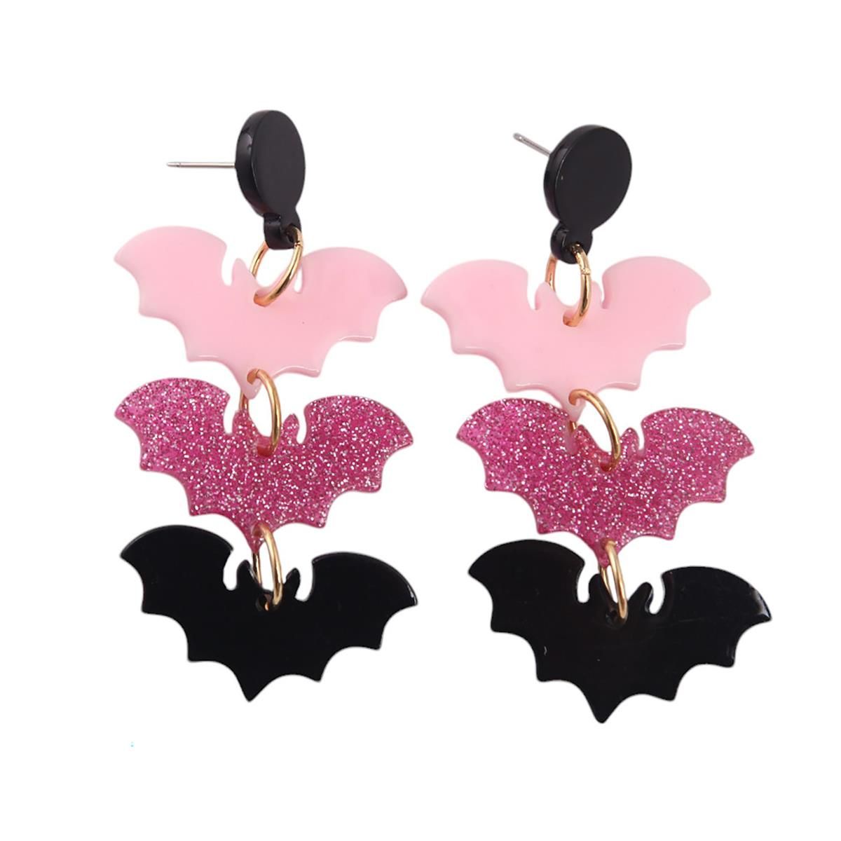 Acrylic Pink &amp; Black Glitter Bat Drop Earrings