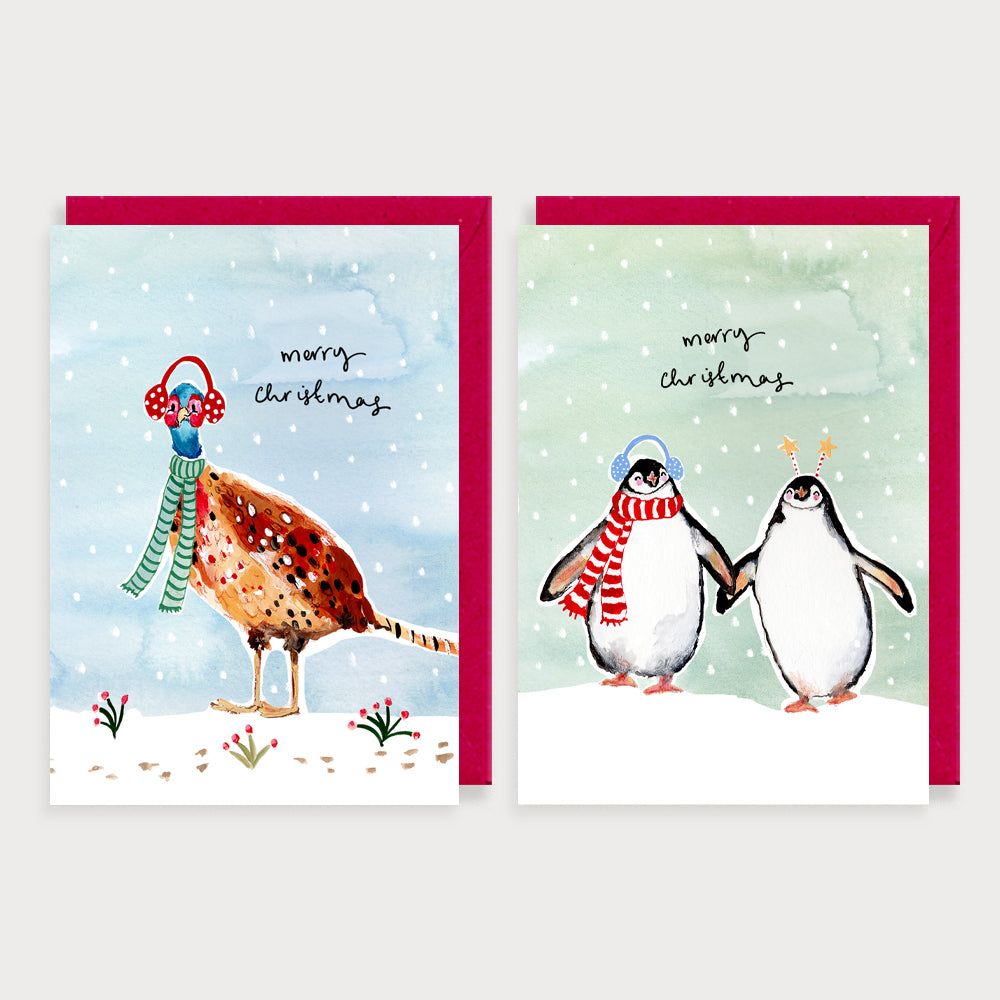 Pack of 8 Cards Pheasant &amp; Penguins