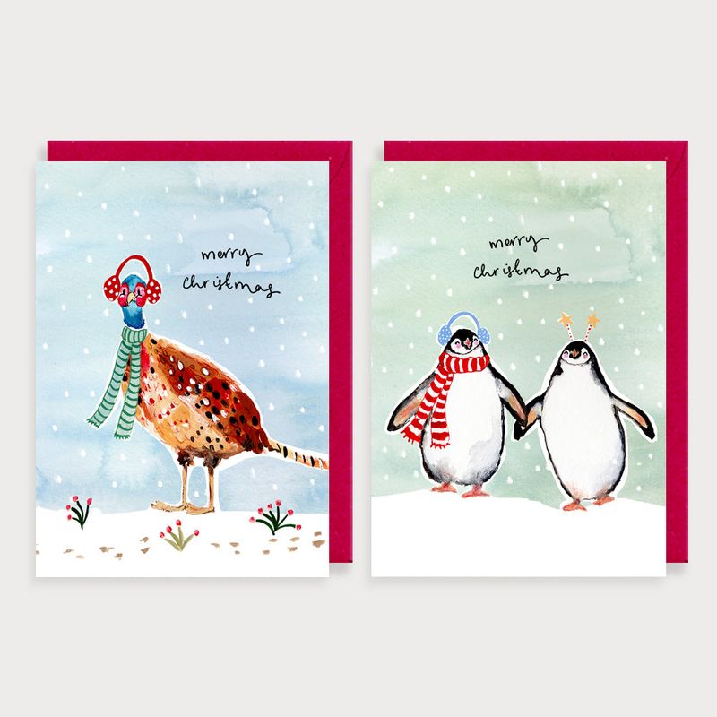 Pack of 8 Cards Pheasant &amp; Penguins