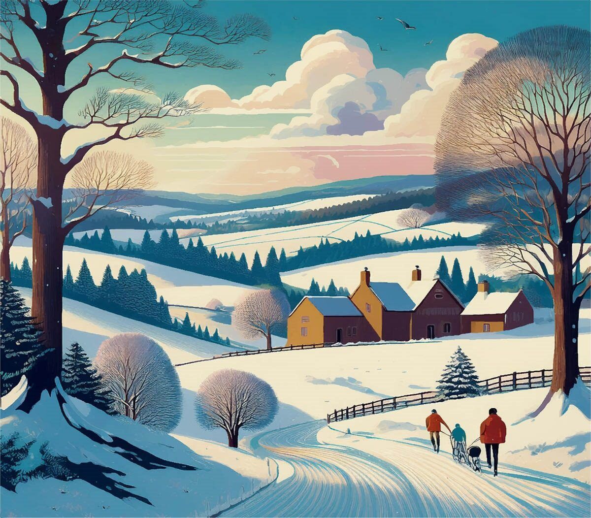 Pack of Christmas Cards Countryside Walk &amp; Heading Home