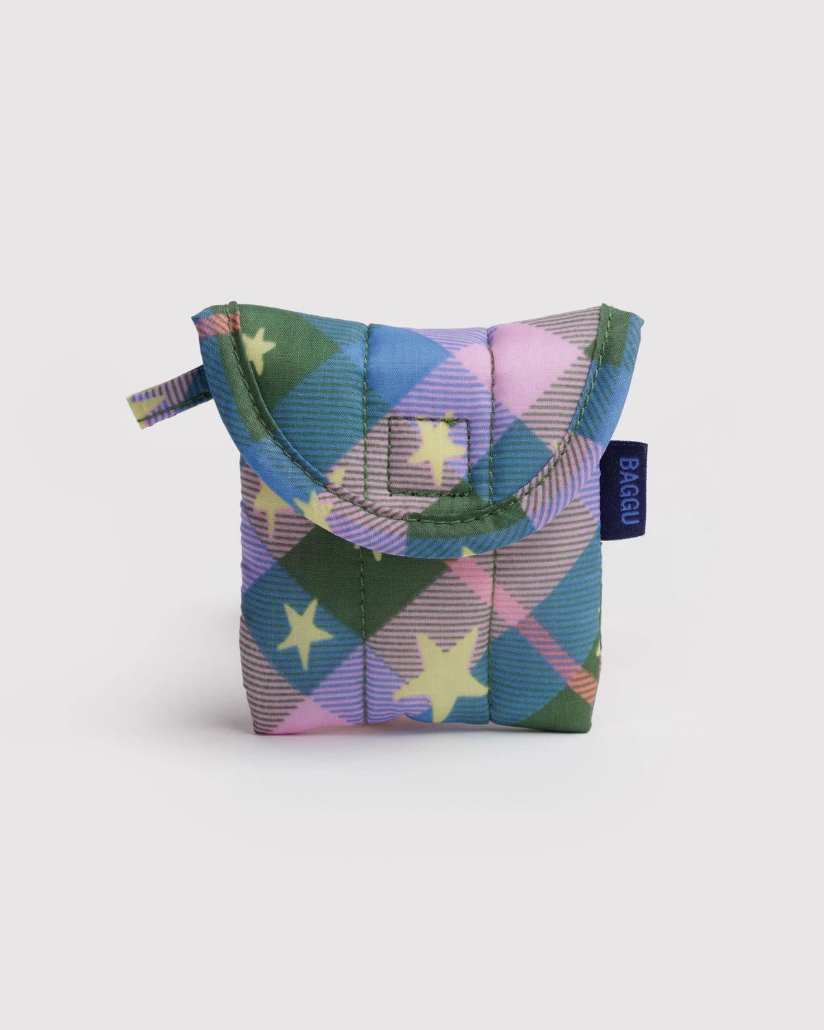 Puffy Earbuds Case Green Star Plaid