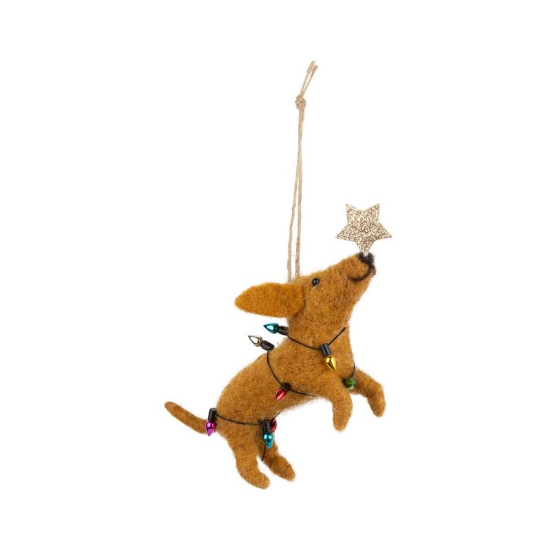 Felt Ornament Tan Dog Wrapped in Lights with Star