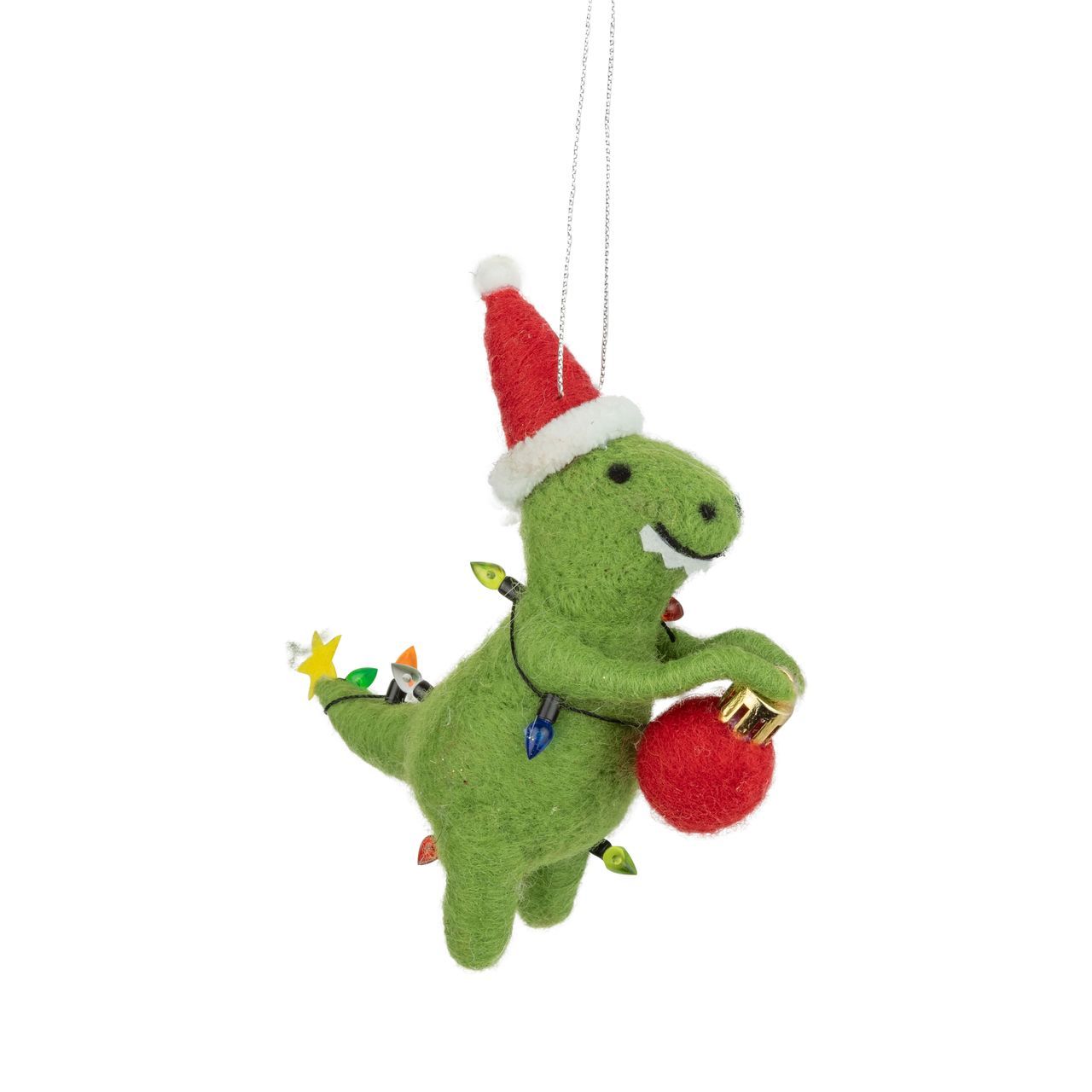 Felt Ornament Green Dinosaur in Red Santa Hat and Lights