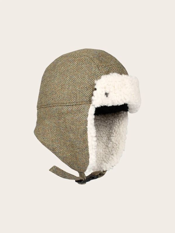 Aviator Cap With Earflaps Herringbone Design Khaki
