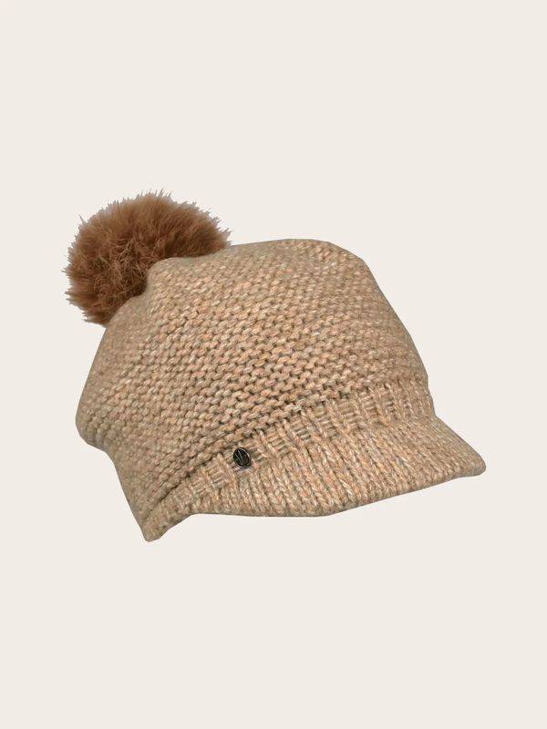 Knitted Hat with Faux Fur Pom Pom Toffee